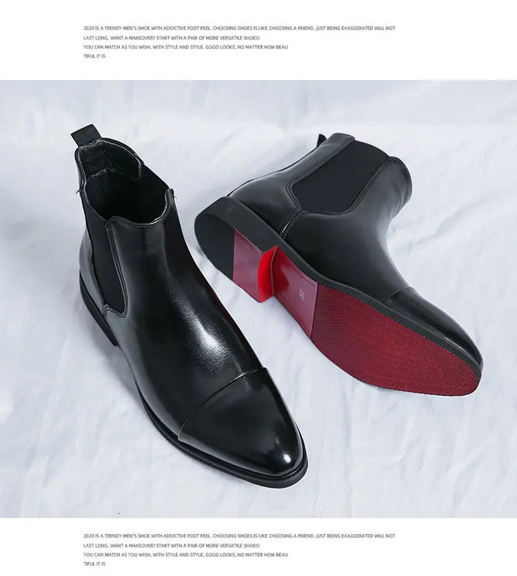 Bottes Cheville Homme Affaires Semelle Rouge Bout Pointu Bottines Habillées Britanniques Chaussures Hautes en Cuir Décontractées Chelsea Homme à Enfiler