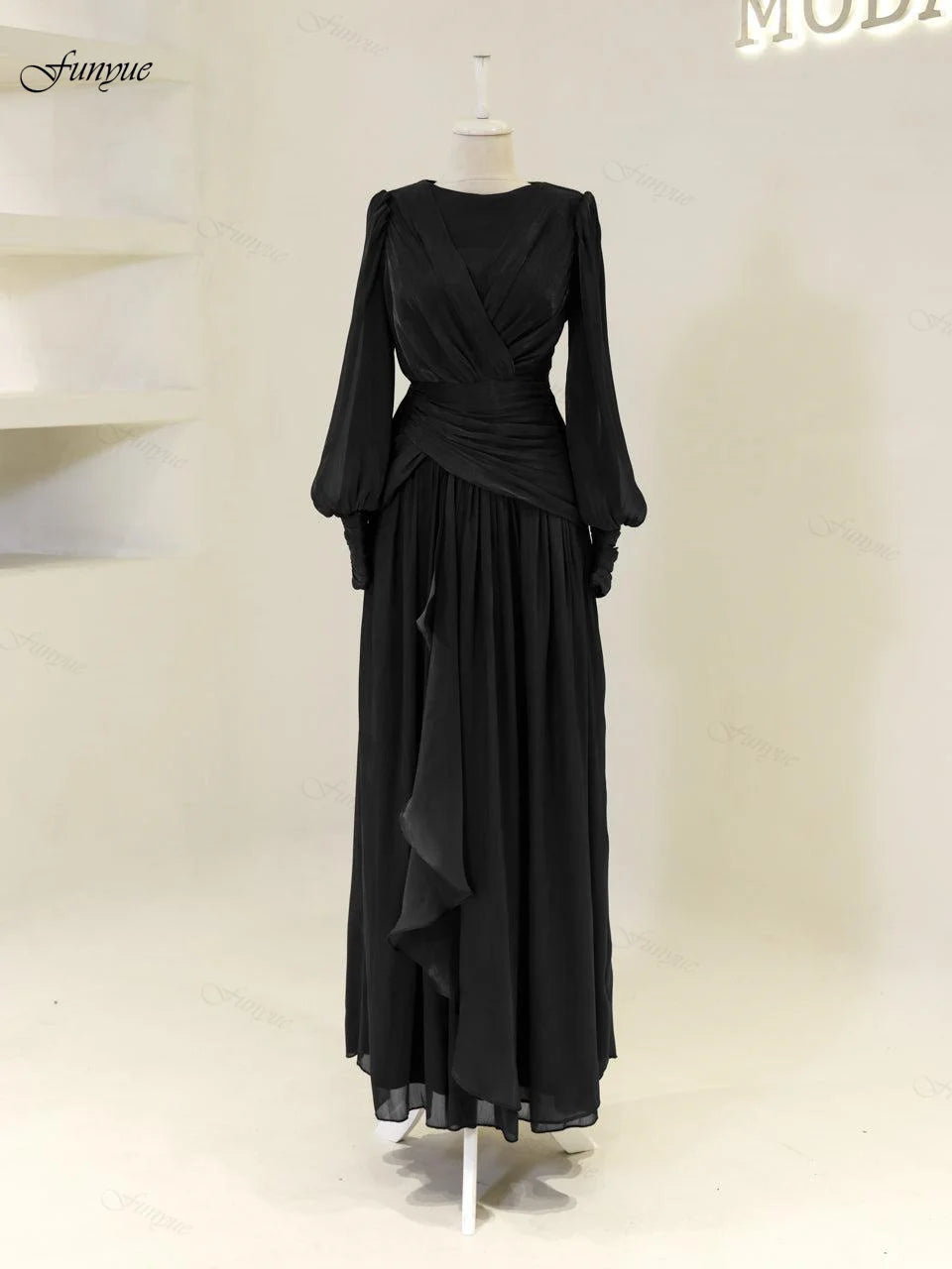 Robes de soirée musulmanes personnalisées élégantes pour femmes, en mousseline avec volants, manches longues, pour invités de mariage, robe de soirée formelle