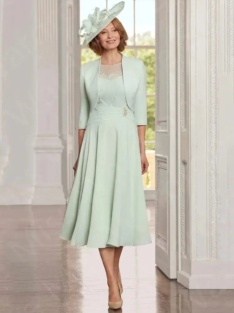 2024 Dernières Robes de Mère Vert Menthe Longueur Thé Robes de Mère de la Mariée avec Veste Robes de Soirée de Mariage en Dentelle Deux Pièces