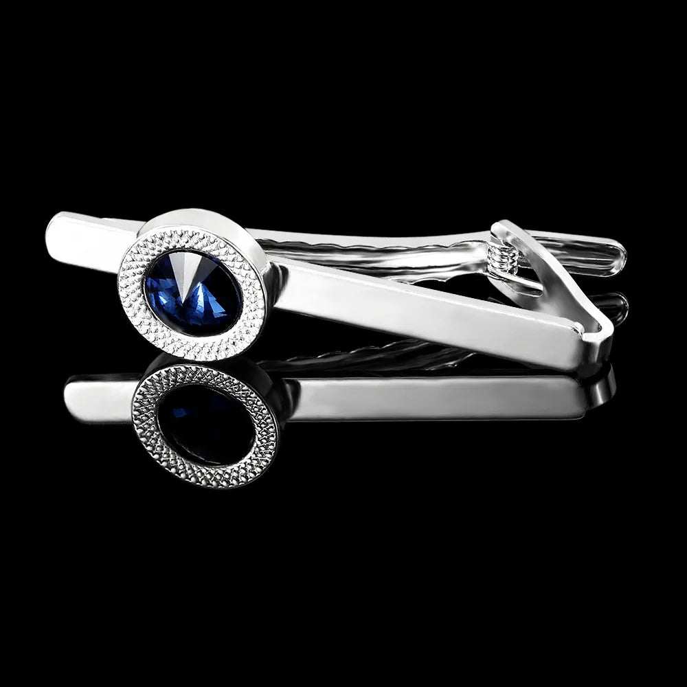Fashionable Men's French Shirt Accessories Round Blue Crystal Cufflinks Diamond Embedded Sleeve Studs Tie Clip Wedding Gift