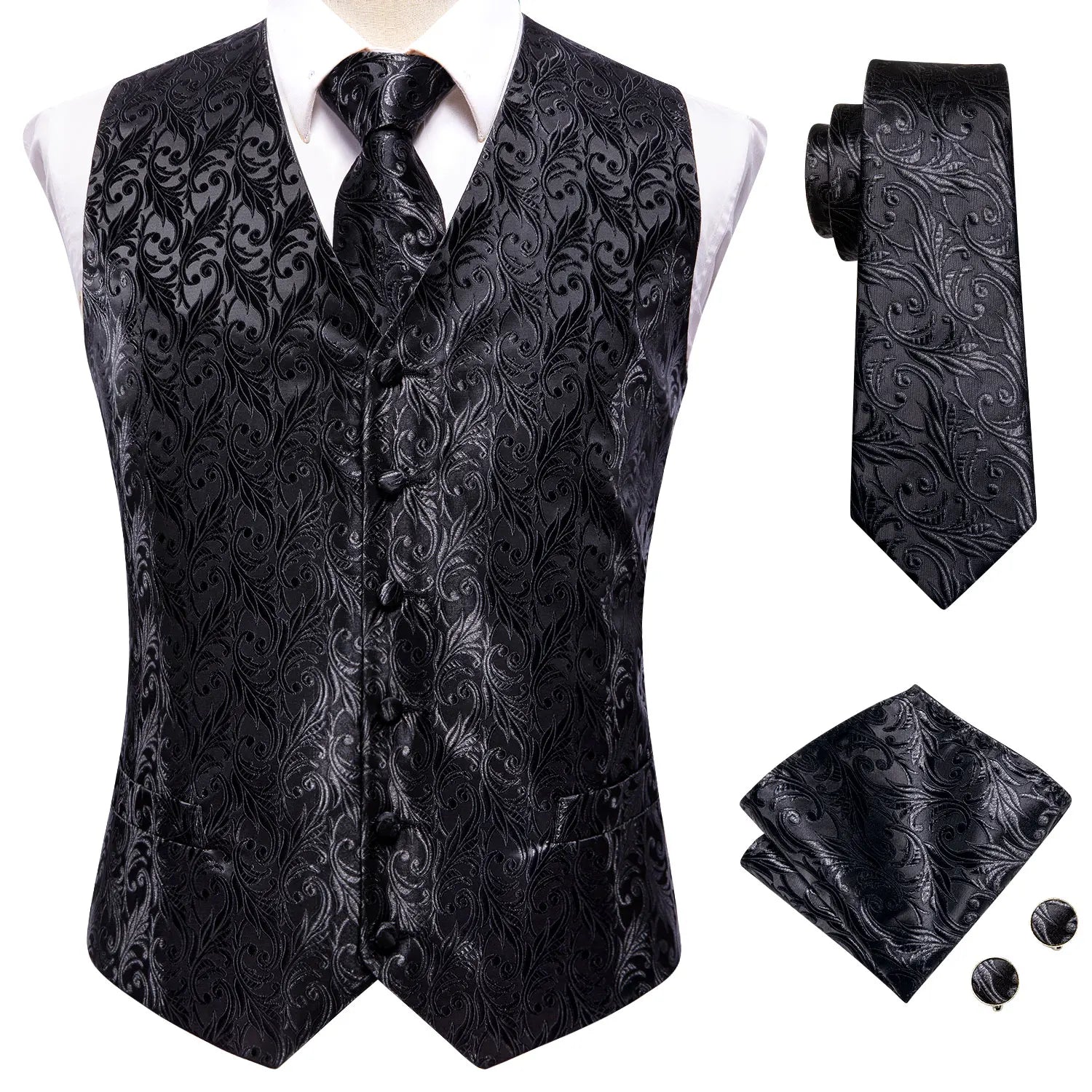 Gilets de costume en soie Hi-Tie pour homme, 4 pièces, tissés, vert sauge uni, gilet, cravate, pochette, boutons de manchette, pour affaires, mariage, robe, veste de taille
