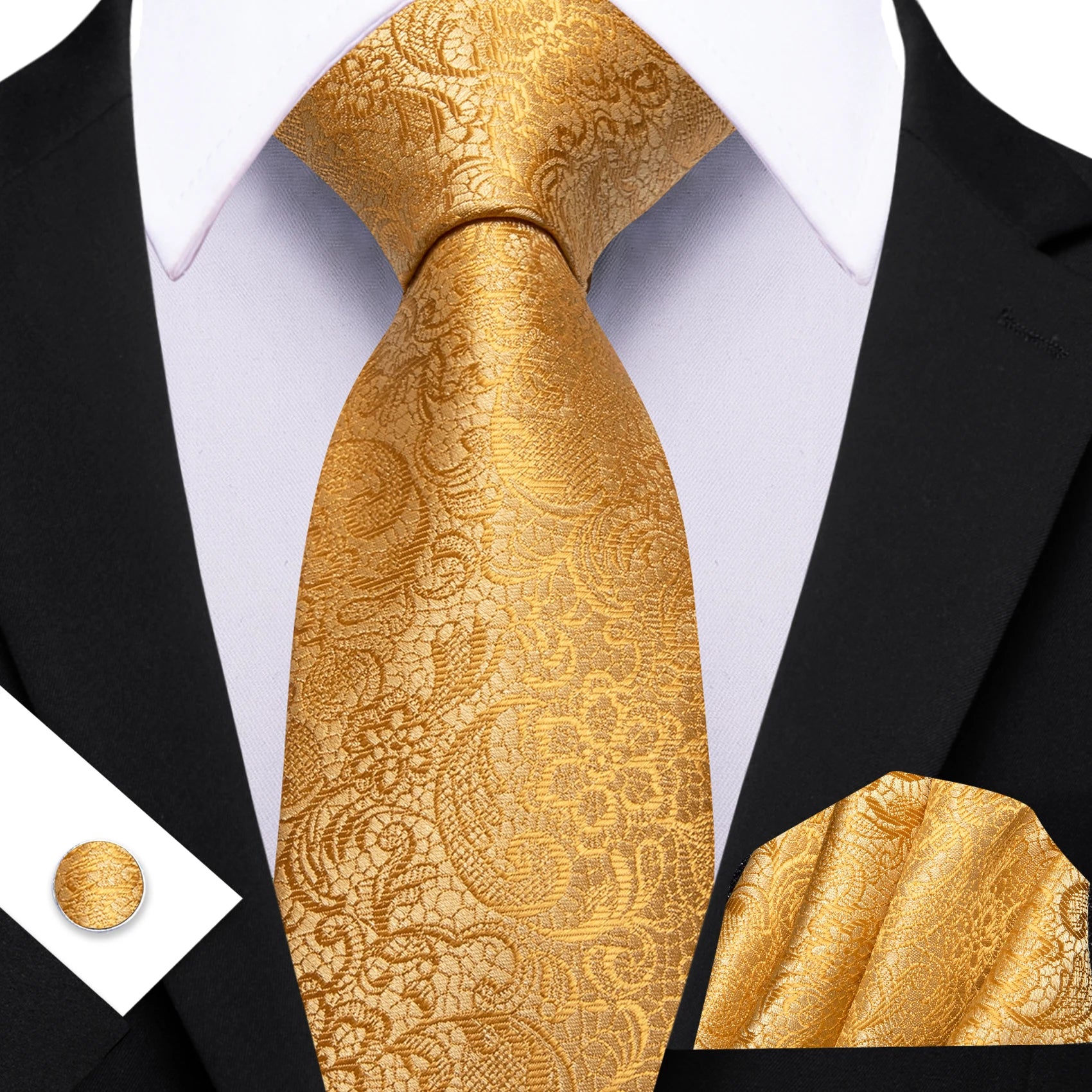 Barry.Wang Cravate Jacquard Or et Jaune pour Homme avec Mouchoir de Poche et Boutons de Manchette, Cravate Exquise pour Mariage et Affaires