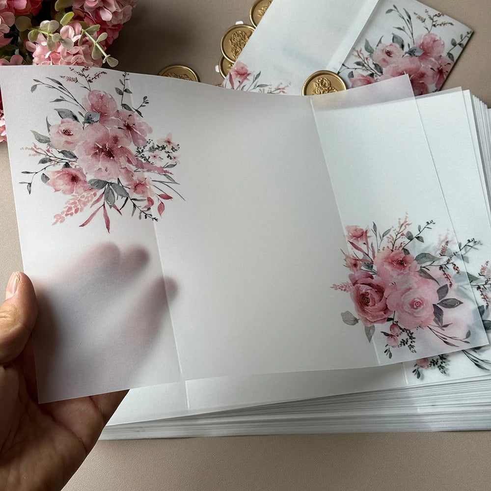 20pcs Watercolor flower Vellum  Wrap suitable for a 5 x 7 Wedding Invitation,vellum jacket,custom invitation