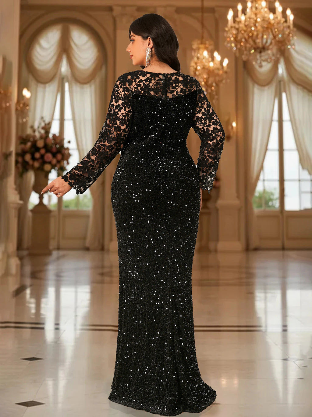 Robe de soirée élégante grande taille pour femmes, manches longues, dentelle, paillettes, velours, ajourée, modeste, maxi