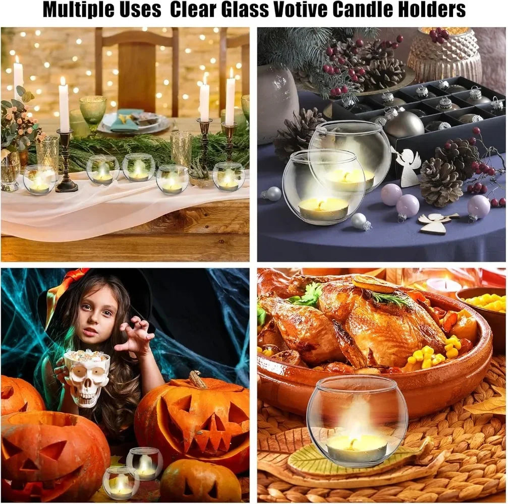 6Pcs Round Votive Candle Holders Glass Tealight Candle Holder Cup with LED Candles for Valentine's Day, Birthday Wedding Decor