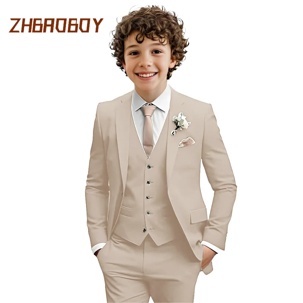 Costume Garçon 3 Pièces Coupe Slim Smoking Enfant Tenue de Mariage Formelle Ensemble Blazer Gilet Pantalon