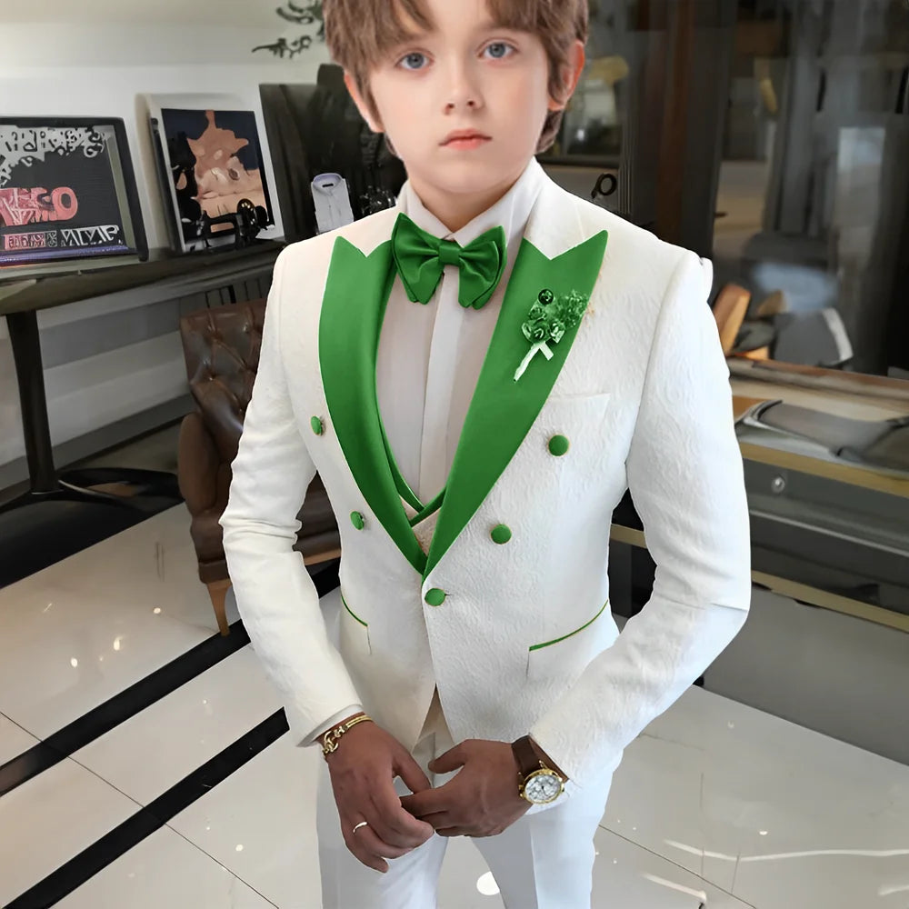 Costume jacquard blanc pour garçons, costume trois pièces pour mariage, smoking enfant 2025, nouveau design, veste, pantalon, gilet, robe sur mesure