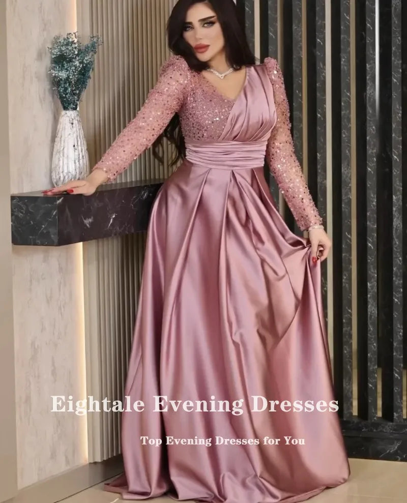 Eightale Robe de Soirée de Luxe Col en V Rose Poudré Personnalisée Manches Longues Pailletées Robe de Bal Arabe Robe de Soirée Mariage Vestidos De Gala