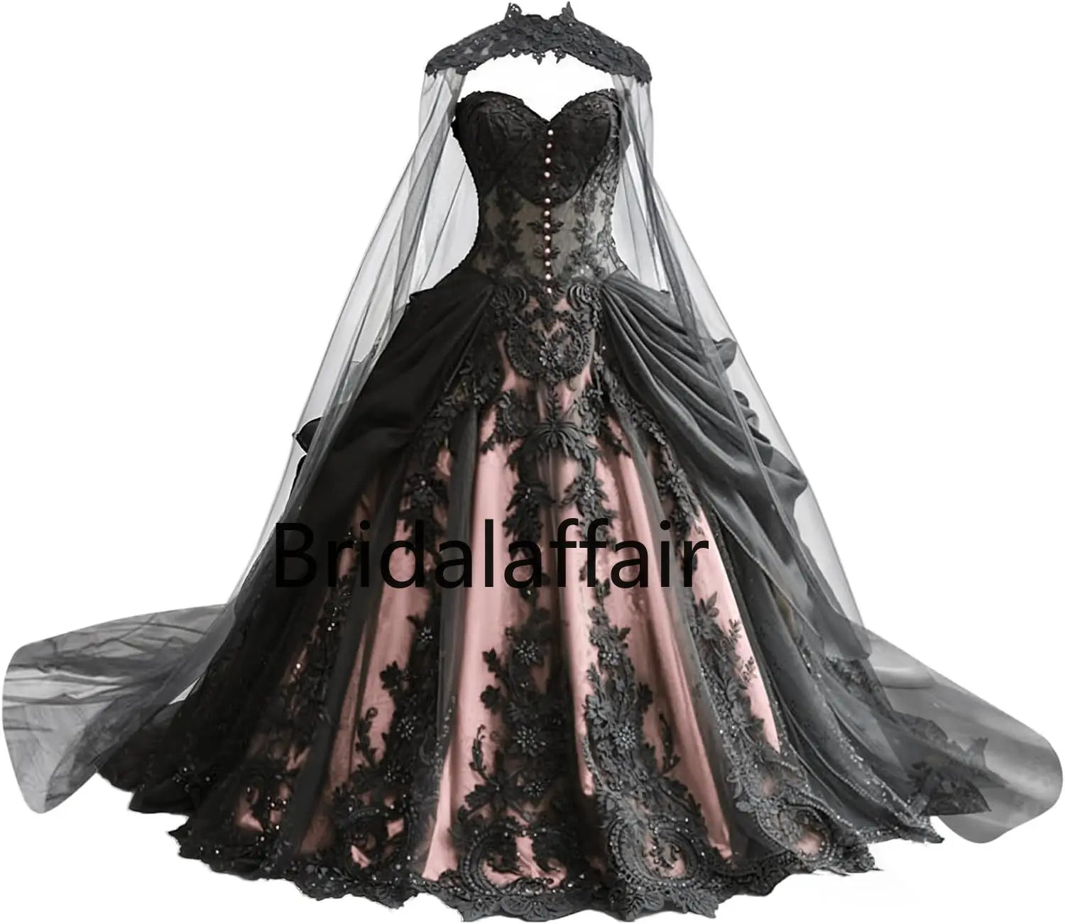 Robes de mariée gothiques pour la mariée Robes de mariée en dentelle noire appliquées Robes de mariée en tulle étagé brodées avec cape