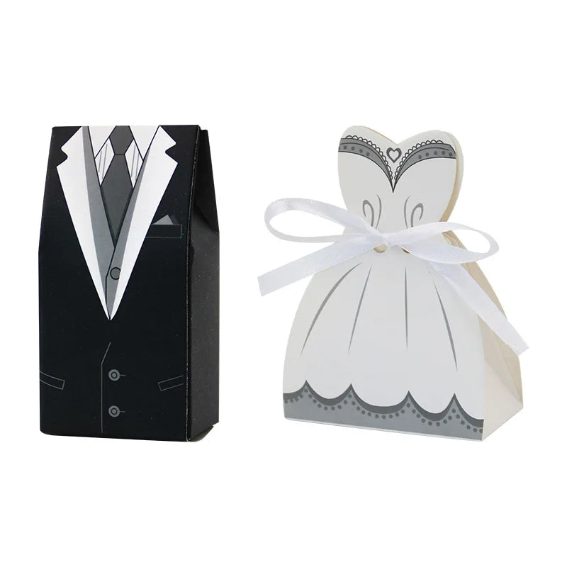 10pcs Wedding Dress Patterns Candy Box Wedding Bridal Souvenirs Candy Box With Ribbon Suit Bride And Groom Accessories Decor