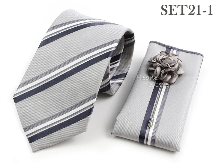 Men's Striped Necktie, Pocket Square & Brooch Set | Groom & Groomsmen Wedding Accessory