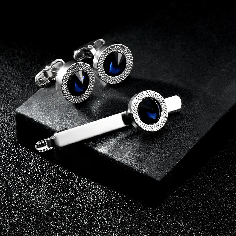 Fashionable Men's French Shirt Accessories Round Blue Crystal Cufflinks Diamond Embedded Sleeve Studs Tie Clip Wedding Gift