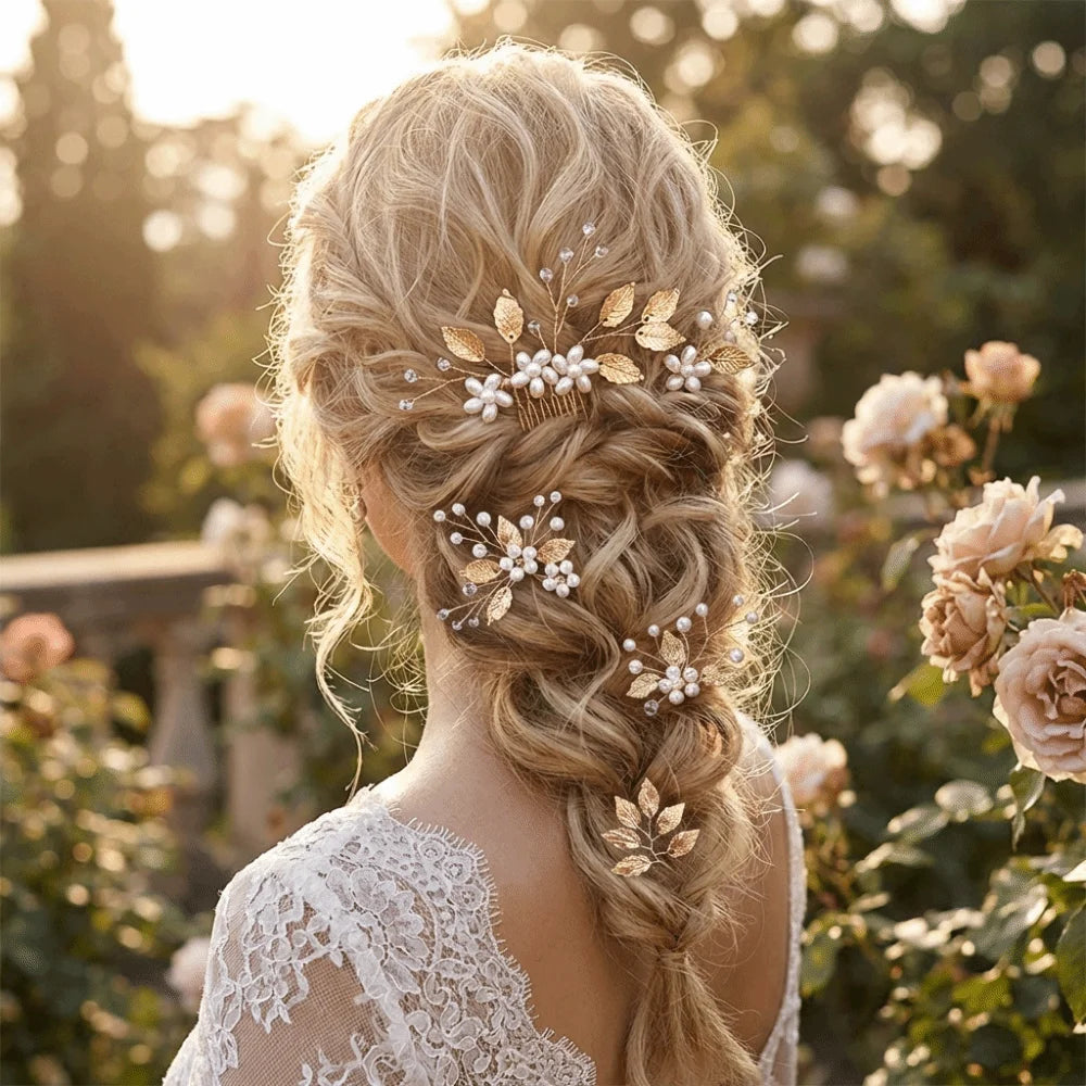 4Pcs Sets Pearl Wedding Hair Accessories Elegant Vintage Leaf Shaped Tiaras Handmade Bride Insert Hair Clip Bride Accessories