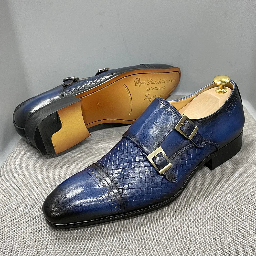 Chaussures habillées classiques pour hommes en cuir véritable, à double boucle, style moine, à bout richelieu, bleu-noir, pour mariage, affaires, costume formel.