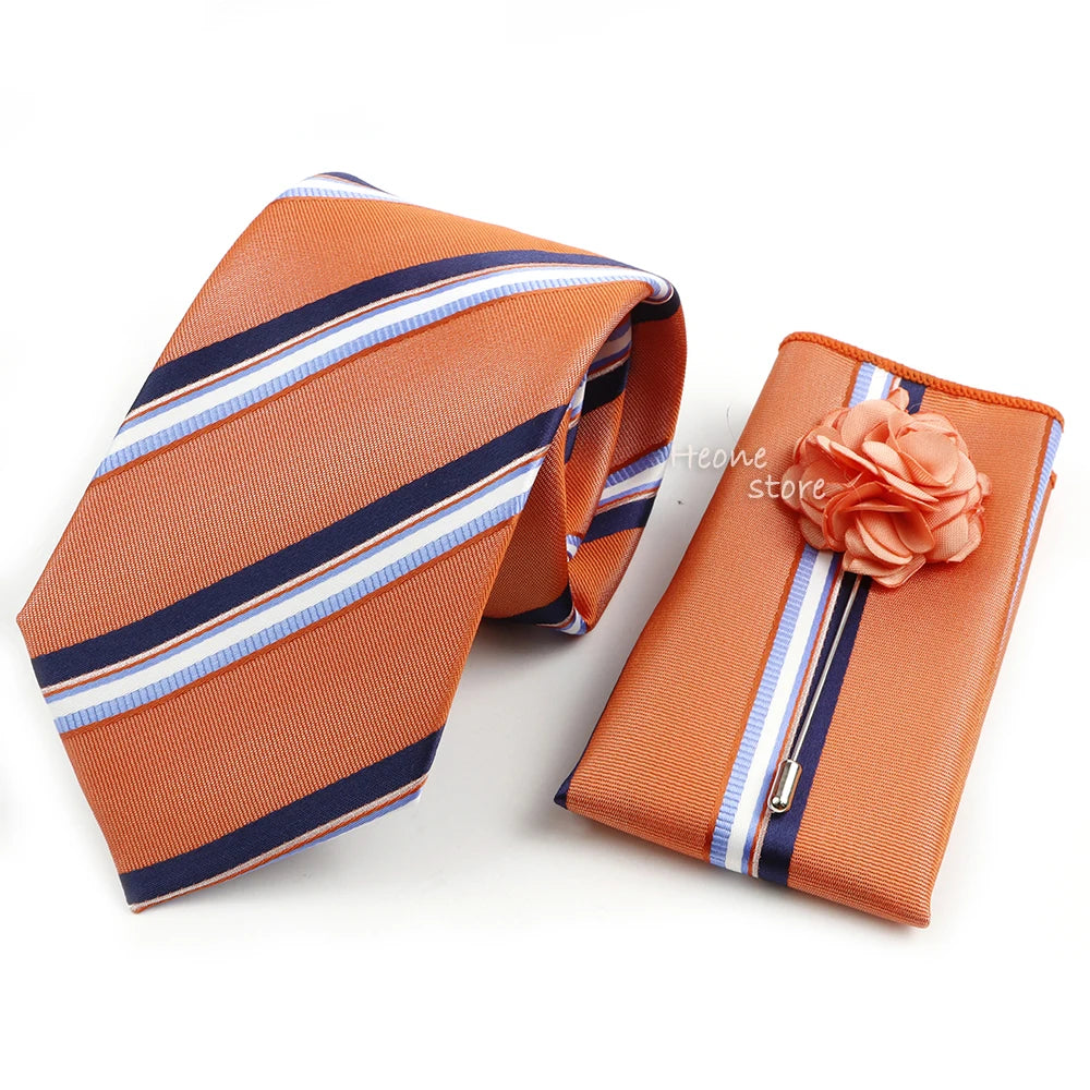 Men's Striped Necktie, Pocket Square & Brooch Set | Groom & Groomsmen Wedding Accessory