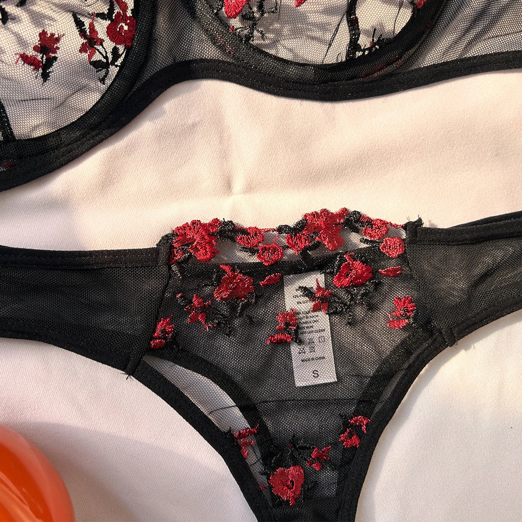 Ensemble de lingerie sexy fantaisie en dentelle érotique pour femme, 2 pièces, sous-vêtements transparents brodés, soutien-gorge et culotte érotiques magnifiques