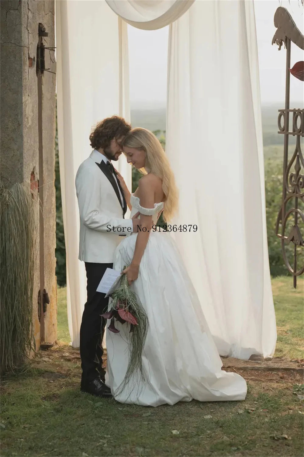 Customized Off-Shoulder Satin Ball Gown Wedding Dress with Structured Bodice Romantic A-Line Bridal Dress for Outdoor Weddings