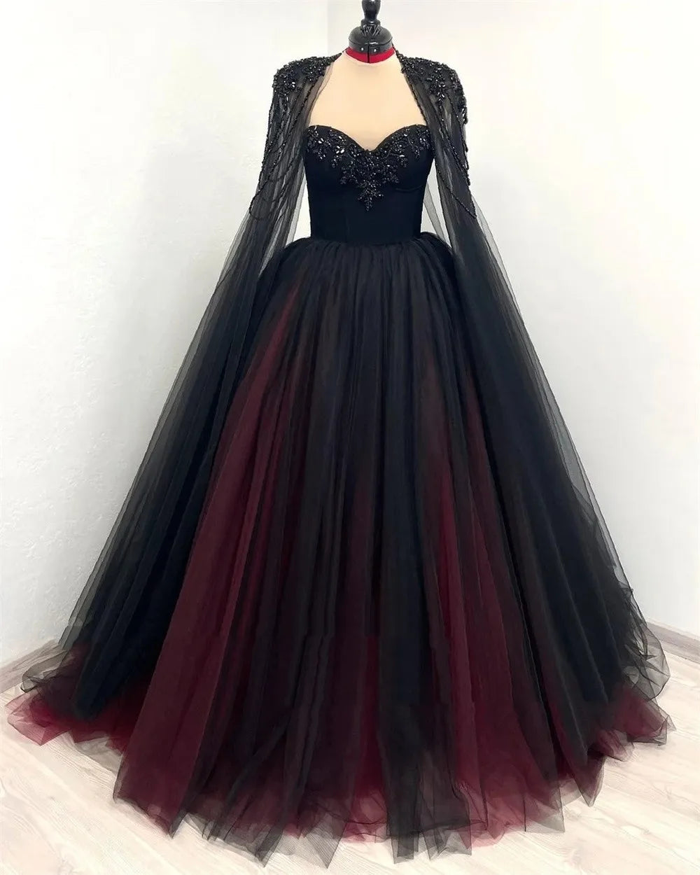 Sansa Gothic Black WIth Red Wedding Dress Sequins Cape Sleeve Ball Gown Vestidos De Novia Customized A-line Prom Dresses