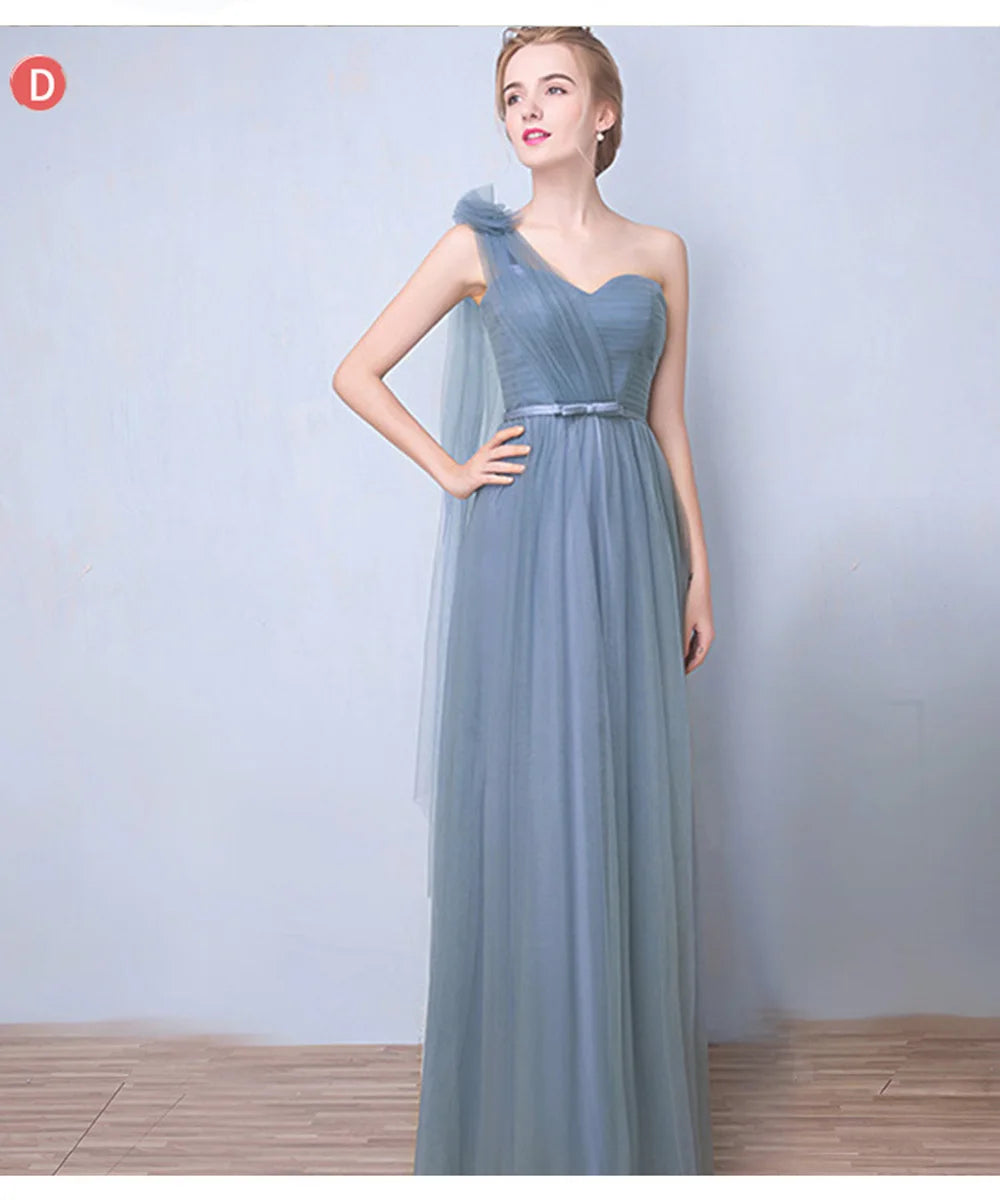 Élégante Robe de Demoiselle d'honneur Gris Bleu Simple 4 styles sans Manches Femme Classique Tulle Ceinture Satin Lacets Nœud Robe de Bal Ligne A