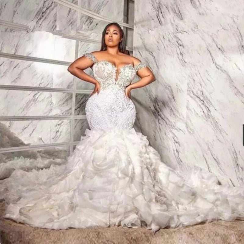 Robe de mariée sirène de luxe sud-africaine avec volants 2023, appliques de dentelle, cristaux, perles, grandes tailles, sur mesure