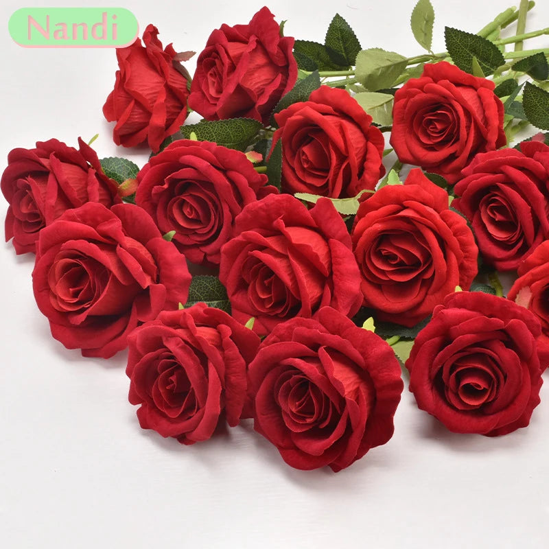 Velvet Artificial Rose Flowers for Wedding Décor & DIY (Set of 10)