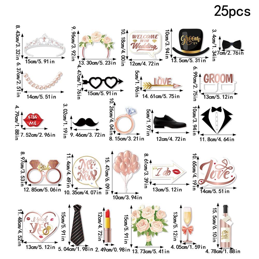 25 accessoires amusants en papier pour photomaton de mariage "Just Married" - Pour selfies, enterrement de vie de jeune fille, fête de mariage, décoration.
