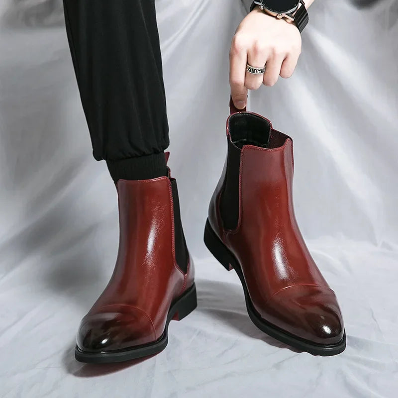 Bottes pour hommes Bottines d'affaires Semelle rouge Bout pointu Bottes habillées Chaussures montantes en cuir de style britannique Chelsea pour hommes décontractées à enfiler
