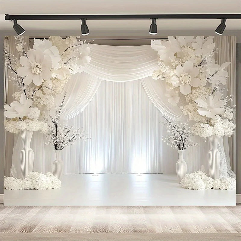 Elegant White Floral Wedding Backdrop Banner with Curtains