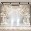 Elegant White Floral Wedding Backdrop Banner with Curtains