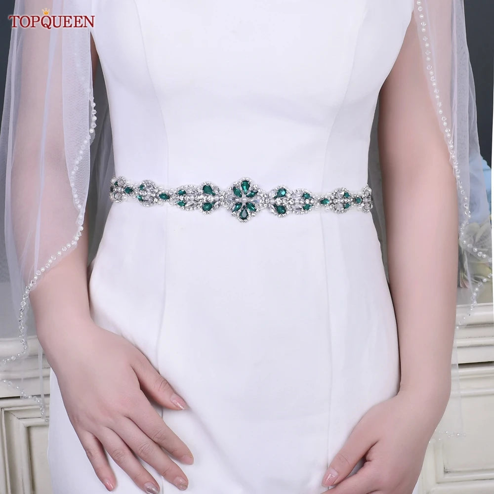 TOPQUEEN Multiple Styles Green Belt With Diamonds Bridal Wedding Accessories Rhinestone Women'S Dresses Evening Girdles S30