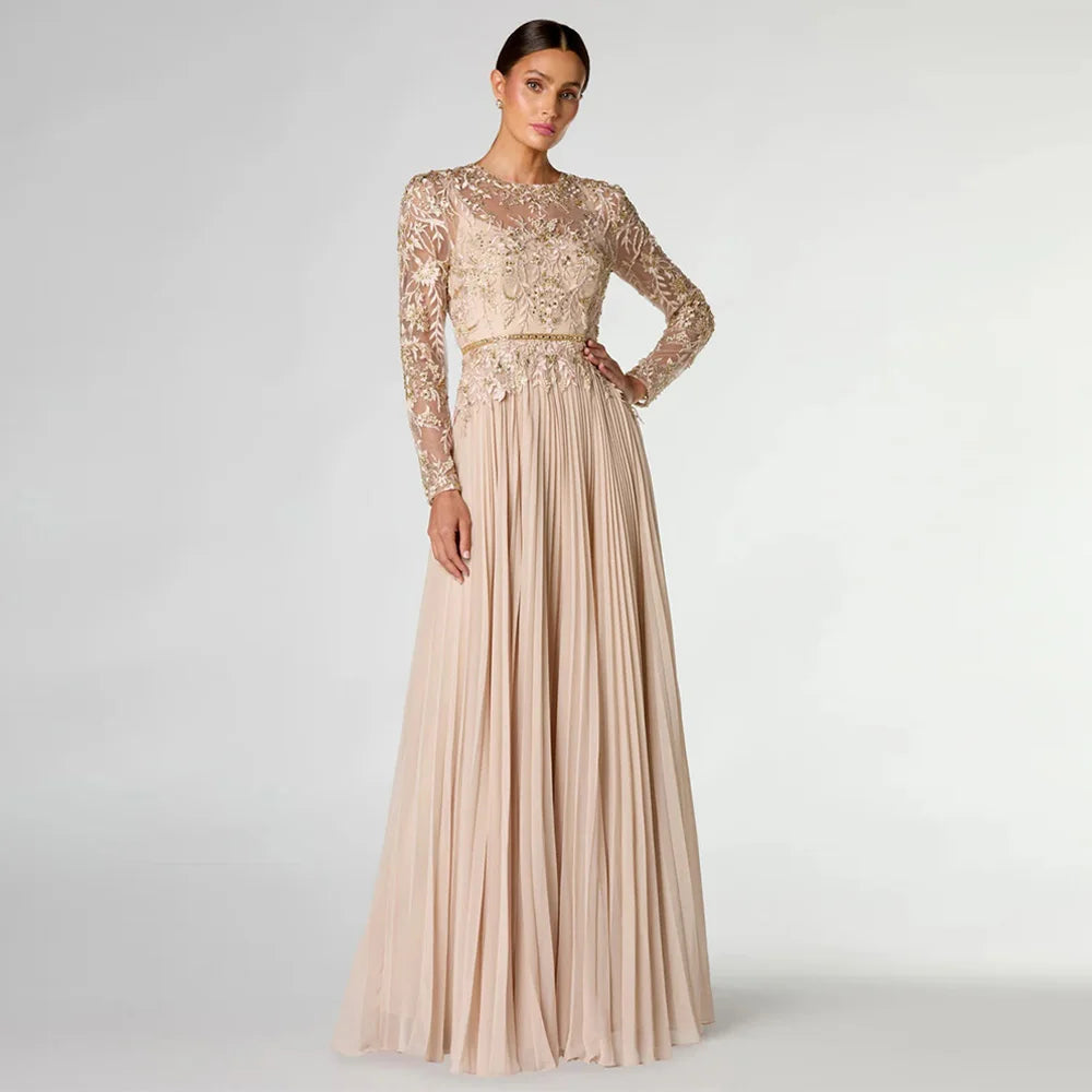 Robe de soirée de mariage personnalisée élégante col rond manches longues perles applique plissée mousseline robe de mère de la mariée