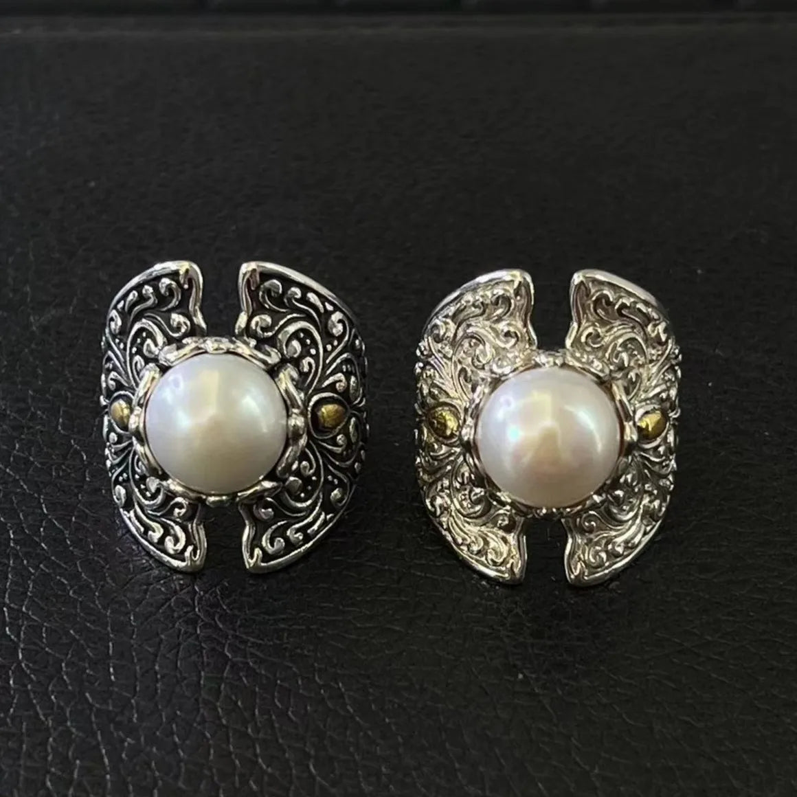 Bague Ajustable Perle Creuse Sculptée — Bijoux de Mariée Vintage