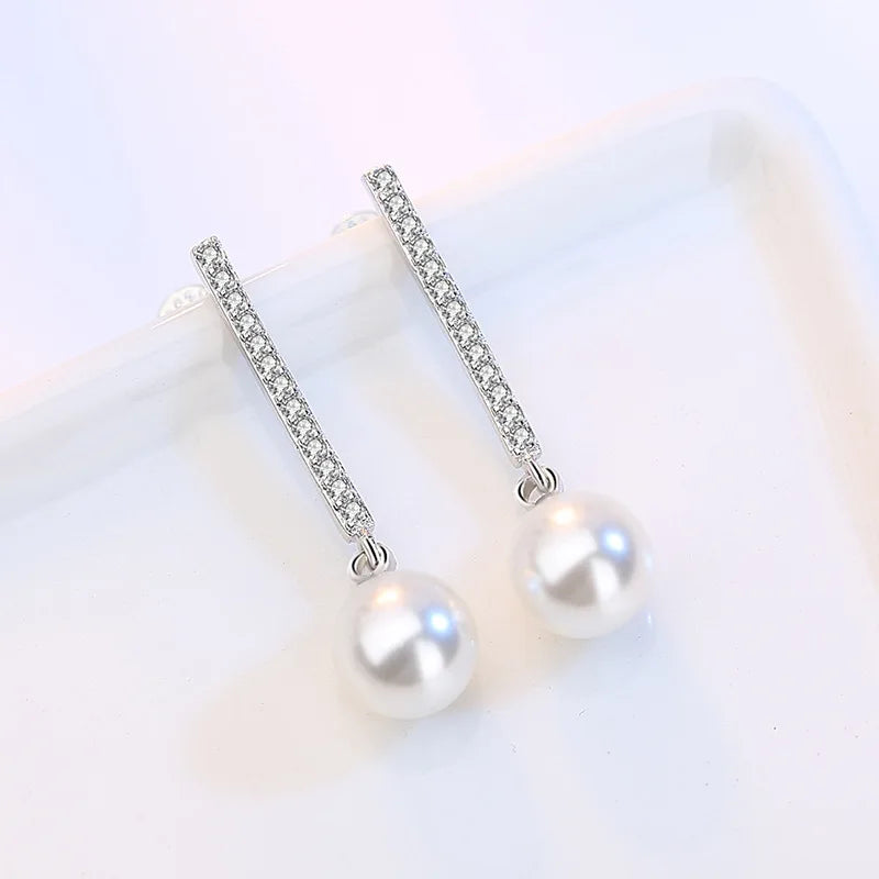 Longues boucles d'oreilles pendantes zircon et perle — Argent sterling 925