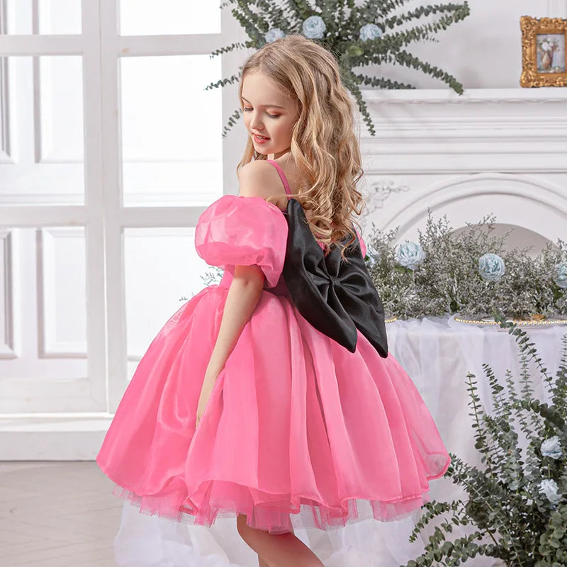 Robe gothique noire pour bébé fille de 4 à 8 ans, pour occasions formelles, manches bouffantes, robe de princesse pour fête d'anniversaire d'enfants avec nœud rose élégant