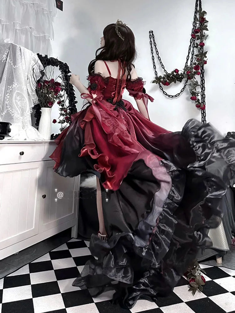 Robe de mariée gothique rouge fleur Cosplay Lolita Robe Op Lolita Robe de princesse bouffante à traîne pour l'industrie lourde, Cosplay Lolita
