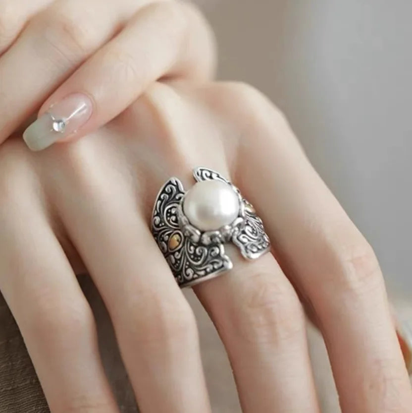 Bague Ajustable Perle Creuse Sculptée — Bijoux de Mariée Vintage