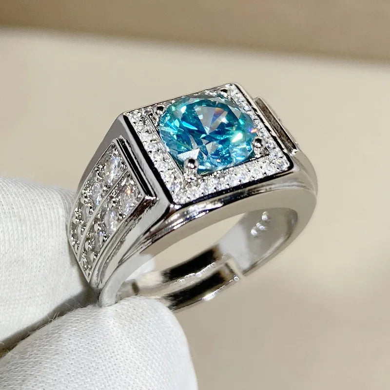 Bague de mariage ajustable ouverte pour homme en zircon bleu-vert pleine pavé, bijou tendance hipster pour le marié