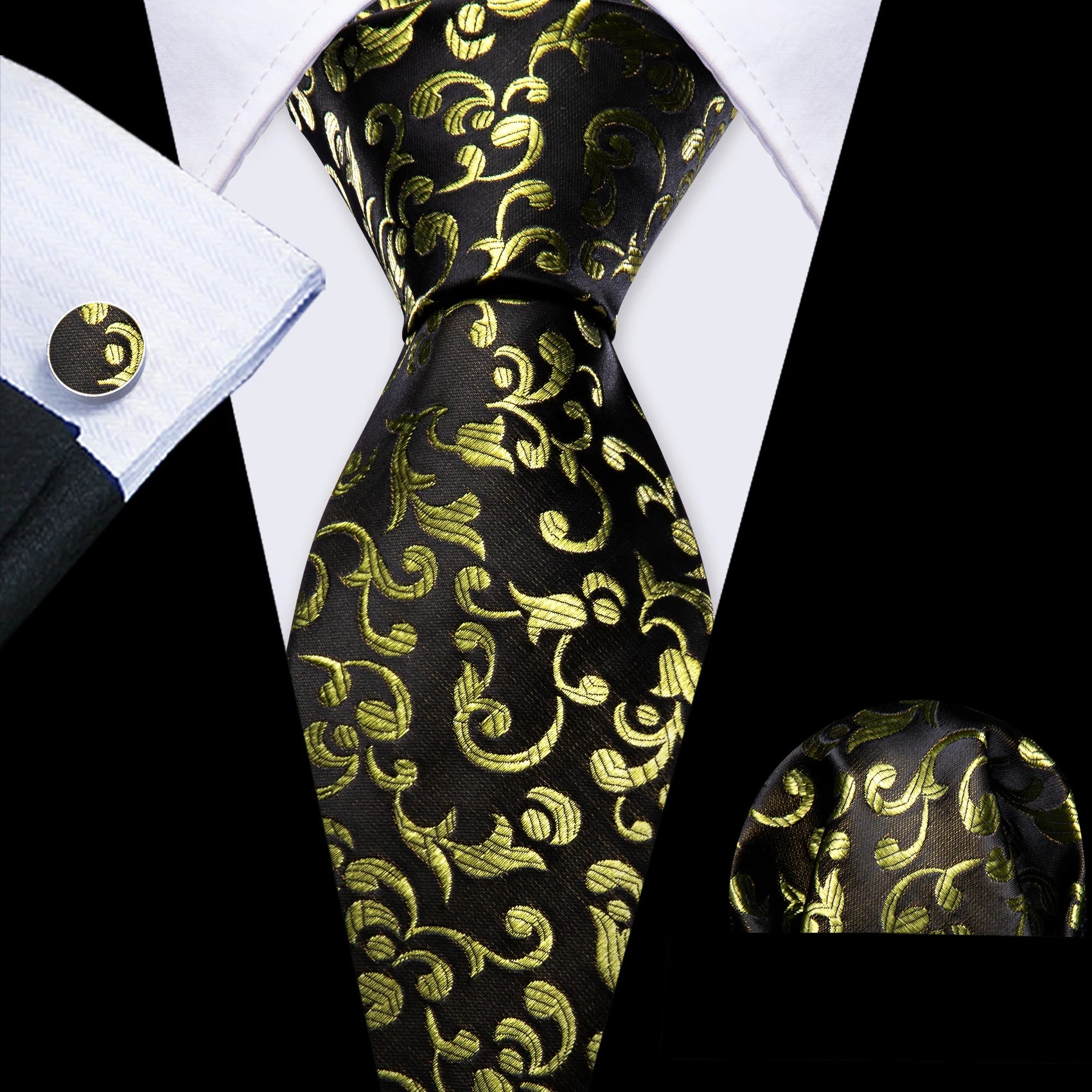 Barry.Wang Cravate Jacquard Or et Jaune pour Homme avec Mouchoir de Poche et Boutons de Manchette, Cravate Exquise pour Mariage et Affaires