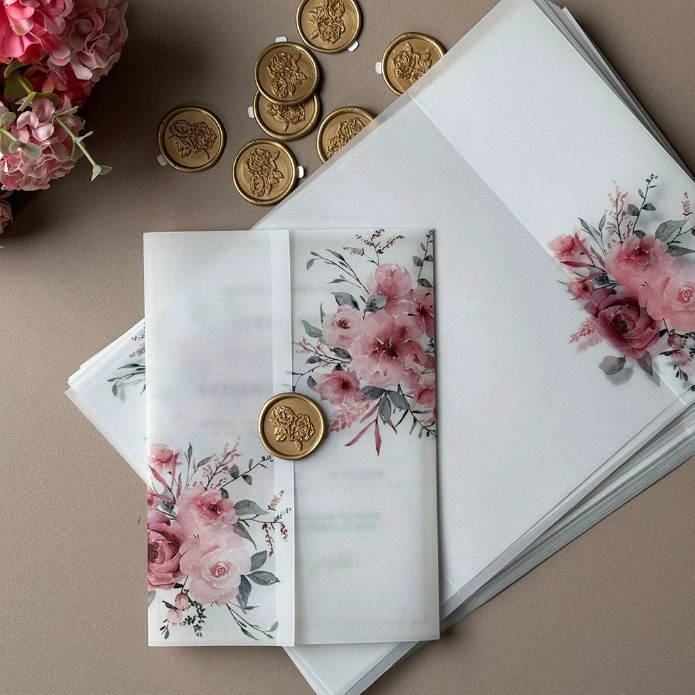 20pcs Watercolor flower Vellum  Wrap suitable for a 5 x 7 Wedding Invitation,vellum jacket,custom invitation