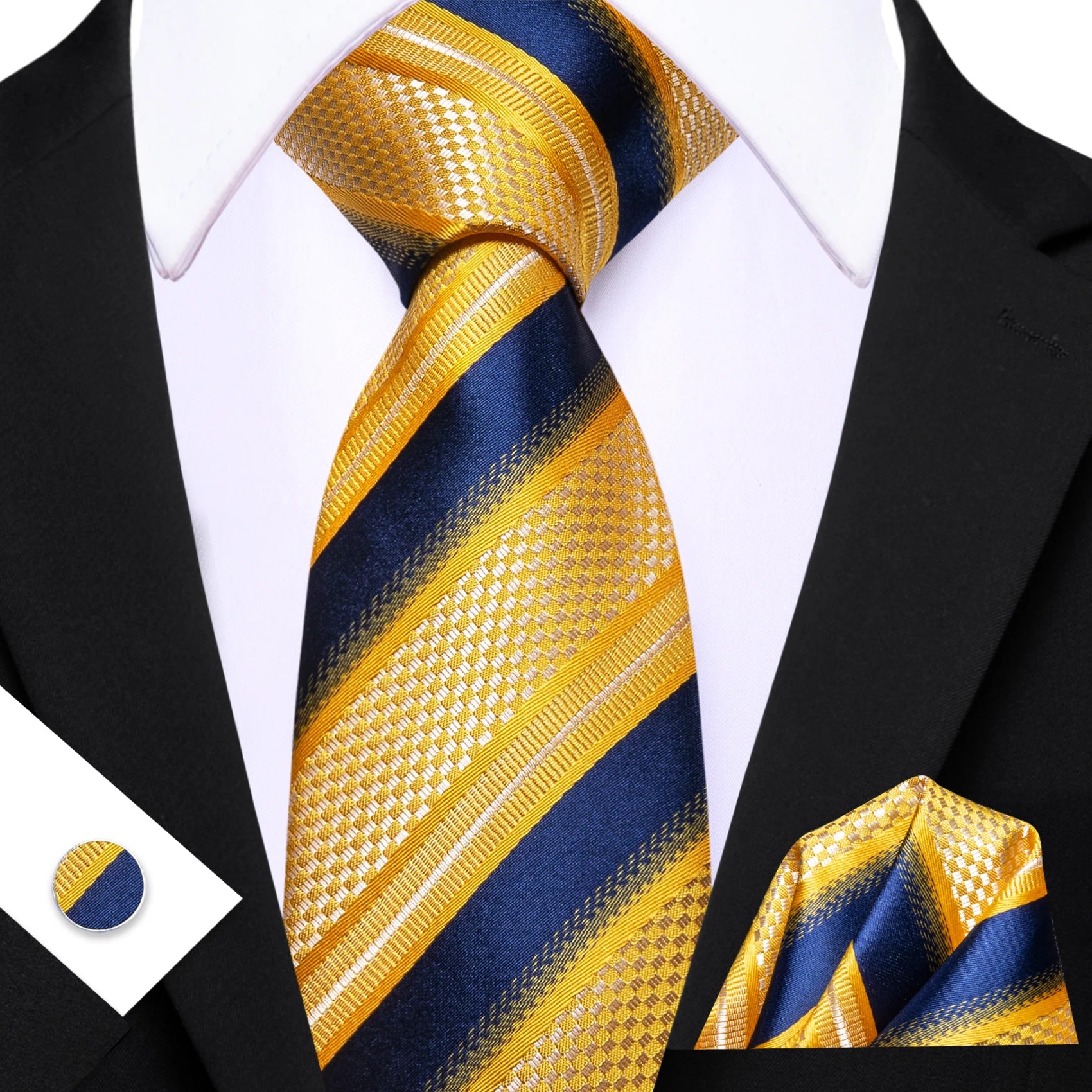 Barry.Wang Cravate Jacquard Or et Jaune pour Homme avec Mouchoir de Poche et Boutons de Manchette, Cravate Exquise pour Mariage et Affaires