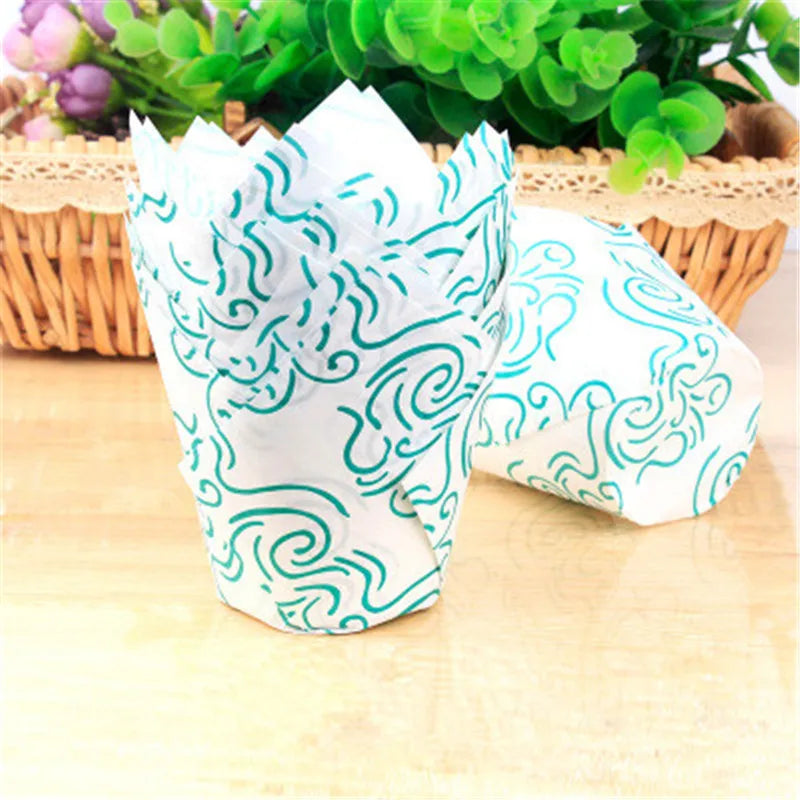 50x caissettes à cupcake de style journal, pour pâtisserie, mariage, caissettes tulipe, moule à muffins, papier sulfurisé, emballage de gâteau résistant à l'huile