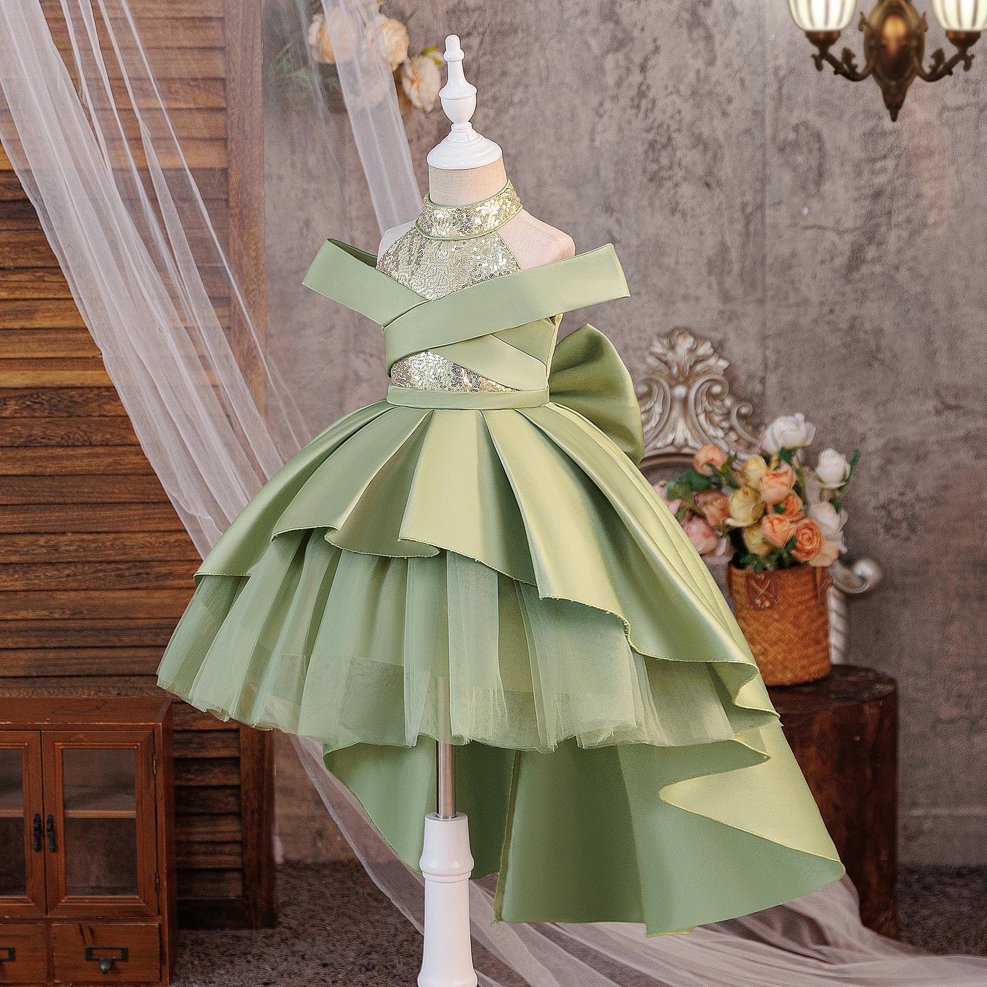 Robe de soirée à sequins pour filles, élégante, avec traîne, pour mariage, demoiselles d'honneur, princesse, bal de promo, nœud, anniversaire, concours, vêtements pour enfants