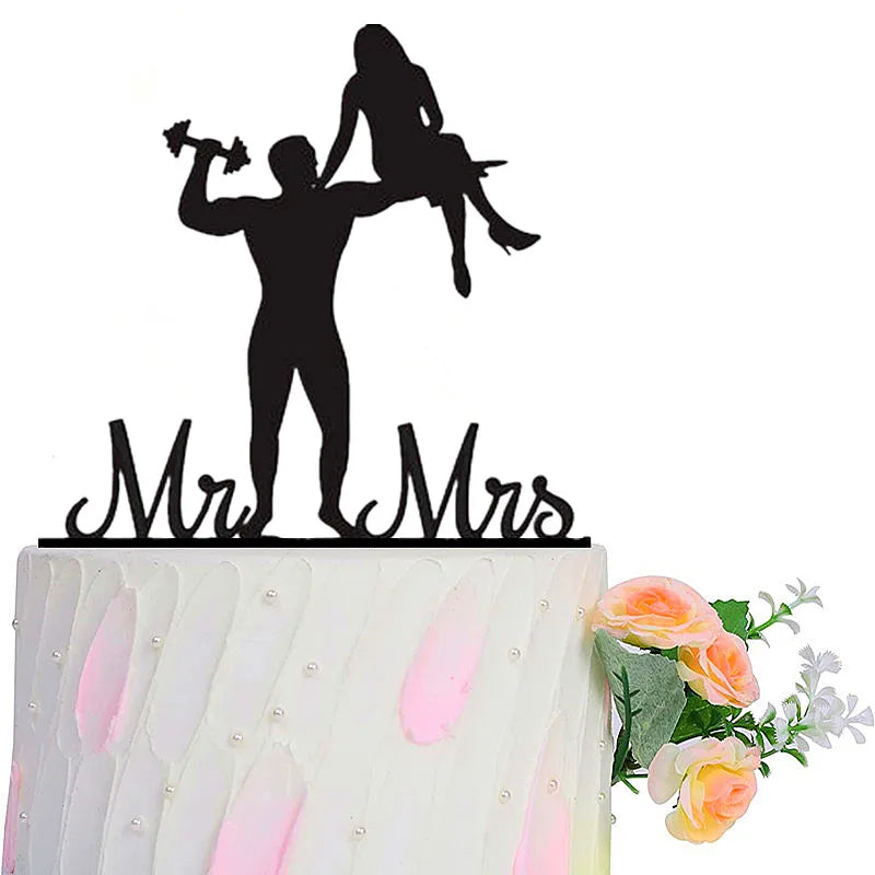Funny Wedding Party Cake Topper Mariée Marié M. Mme Acrylique Noir Gâteaux de mariage Style Sport Mixte Couples Cake Décoration de mariage