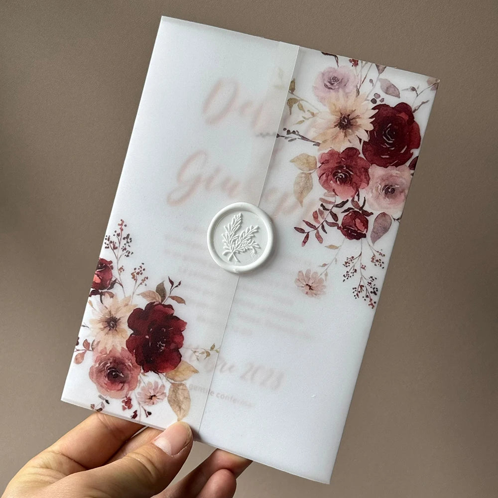 20pcs Watercolor flower Vellum  Wrap suitable for a 5 x 7 Wedding Invitation,vellum jacket,custom invitation