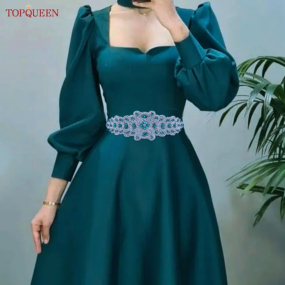 TOPQUEEN Multiple Styles Green Belt With Diamonds Bridal Wedding Accessories Rhinestone Women'S Dresses Evening Girdles S30