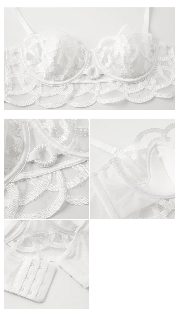 CINOON Lingerie sexy brodée pour femme Ensemble soutien-gorge push-up en dentelle fine et transparente + porte-jarretelles + string, ensemble de 3 pièces de lingerie française