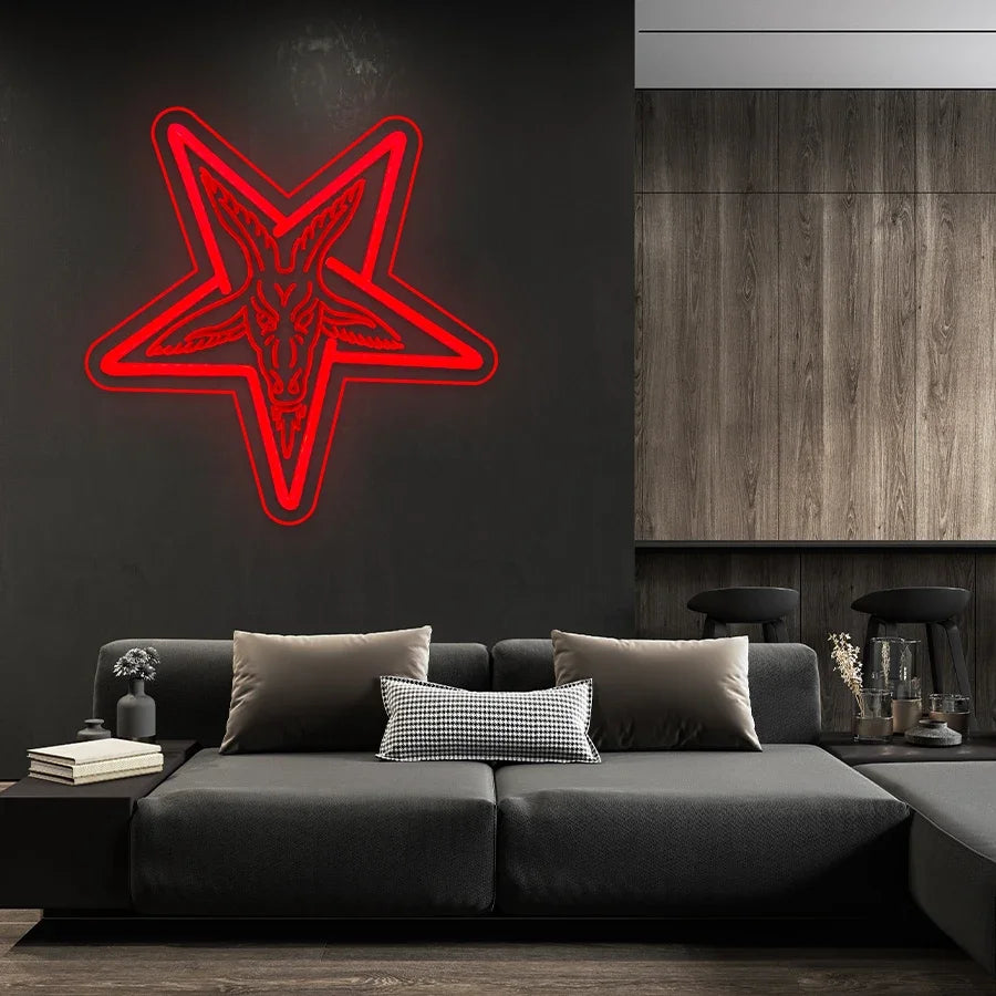 Bar Neon Art Wall Decor for Room Gothic Three-dimensional Carved Lamb and Inverted Baphomet Home Sign Five-pointed Beauty Star