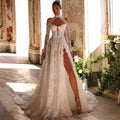 Robe de mariée élégante personnalisée à manches longues et col haut, avec de charmantes appliques en dentelle, fendue sur le côté, Vestido De Novia.
