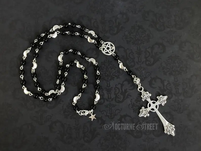Gothic Rosary Necklace — Black Agate Pentagram & Cross Beaded