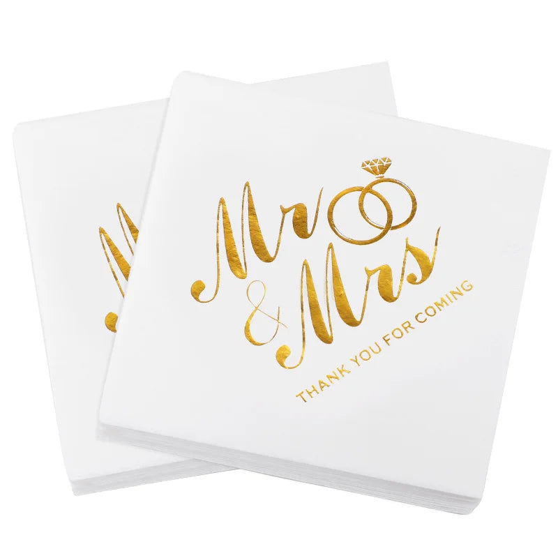 20/60/100 Pièces Serviettes de Mariage Dorées Mr Mrs Serviettes en Papier pour Décoration de Table de Dessert de Mariage Fournitures de Fête Prénuptiale